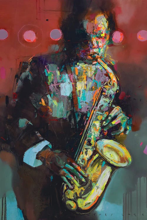 Painting of a man playing a saxophone by new iCanvas creator Viktor Sheleg