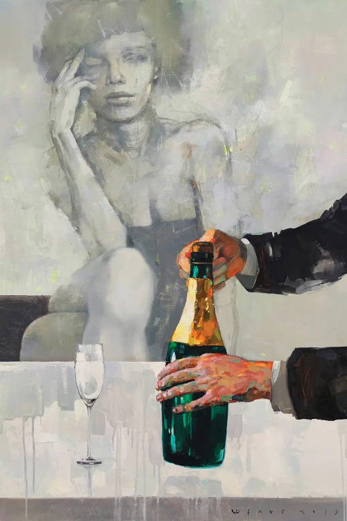 Painting of a woman at a bar in gray with a color pop champagne bottle about to be poured by Viktor Sheleg