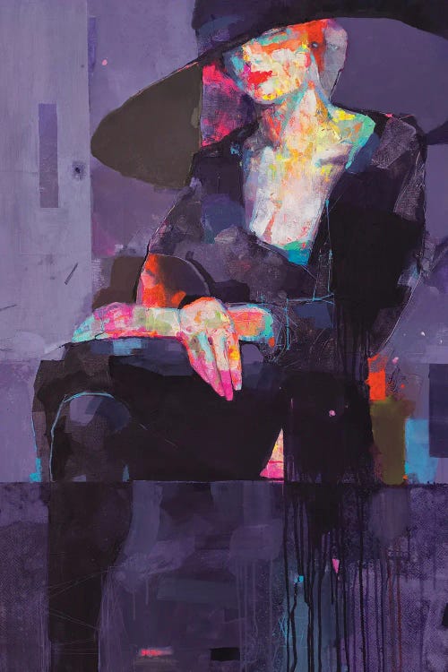 Purple abstract painting of a woman in black wearing a hat by new creator Viktor Sheleg