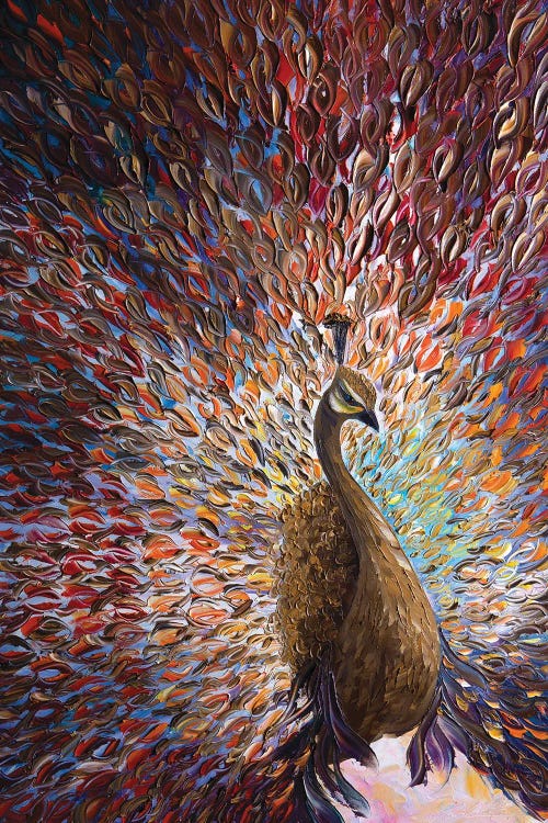 Painting of a peacock with rainbow colored tail feathers by iCanvas artist Willson Lau