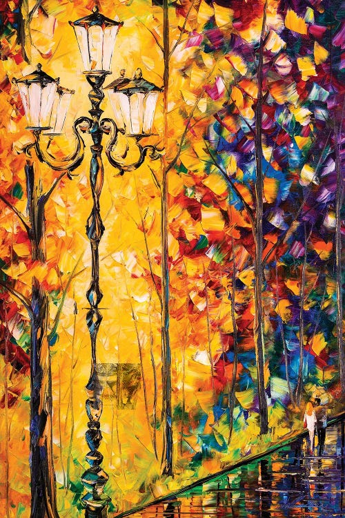 Painting of a street light with colorful tree leaves behind it by new creator Willson Lau