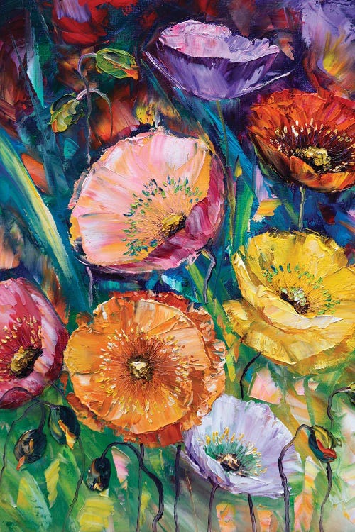 Painting of a group of yellow, orange, pink and red poppies by new iCanvas creator Willson Lau