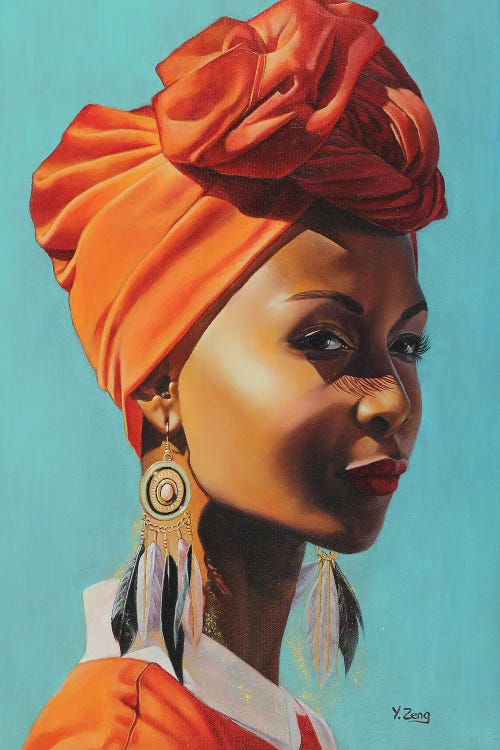 Painted portrait of an African woman with feather earrings and red hair wrap by iCanvas artist Yue Zeng