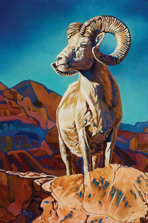 Wall art of a mountain goat on boulder by new creator Yue Zeng