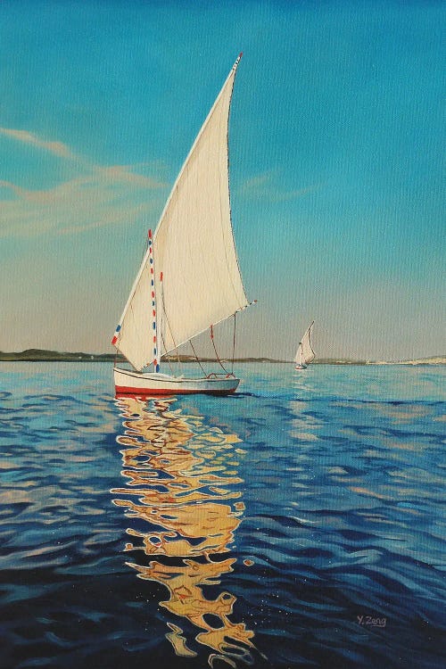 Fine art painting of a sailboat on a blue sea by iCanvas artist Yue Zeng