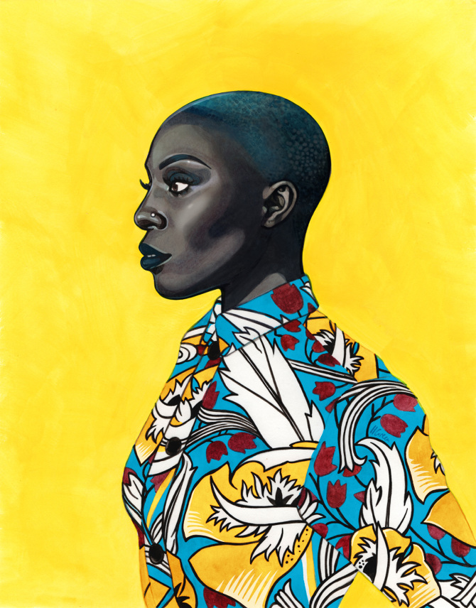Art of a bald Black woman in floral shirt against yellow background by Helen Green