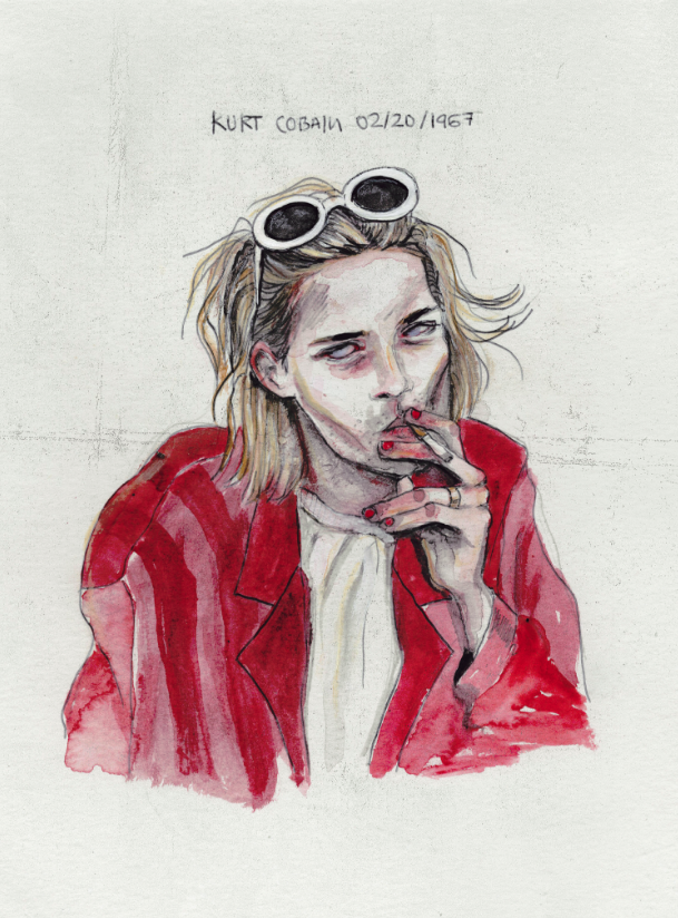 Drawing of Kurt Cobain wearing red blazer and white glasses by Lucas David