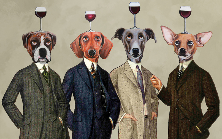 Wine art of four dogs in suits with wine glass on their heads