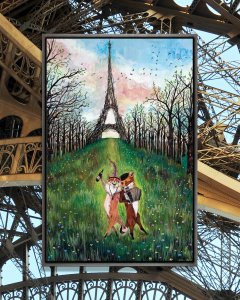 Illustration of two foxes in front of the Eiffel tower by 5 Questions With featured artist Jahna Vashti