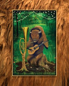 Illustration of a bison below string lights in a florist playing the trumpet and banjo by Jahna Vashti
