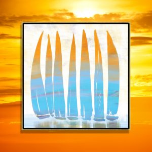 Framed sailing art of 7 sailboats with blue and orange sails by iCanvas artist Dan Meneely