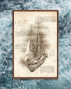 Brown framed wall art of a vintage sailboat blueprint plan by iCanvas Cornel Vlad