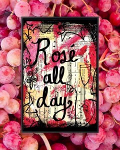 Wine o’clock art with words “Rose all day” against pink and black sheet music by iCanvas artist Elexa Bancroft