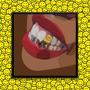 Wall art close-up of a smiling mouth with red lipstick, grills and a yellow smiley face on tooth by iCanvas artist Artpce