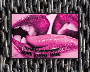 Queer art of two mouths French kissing with chain connecting lips and words “love over hate” in black