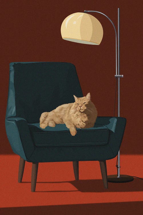 Illustration of orange tabby cat on blue chair beneath retro lamp by new iCanvas artist Art Cat Illustrated