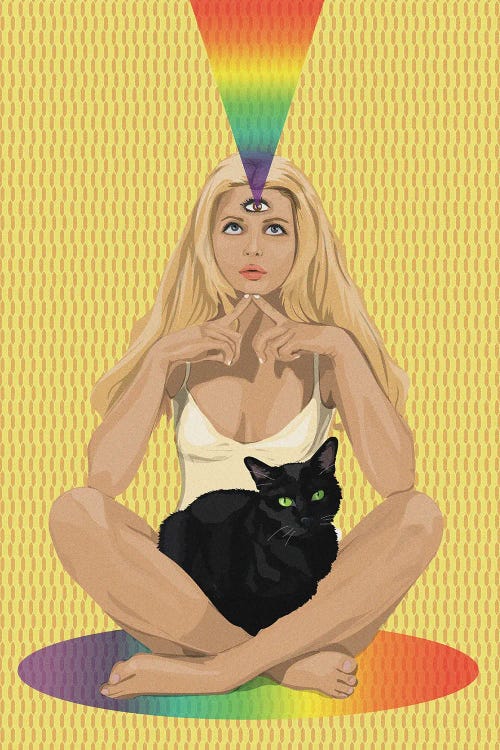Illustration of a blonde woman sitting with a black cap in her lap and a third eye exuding rainbows