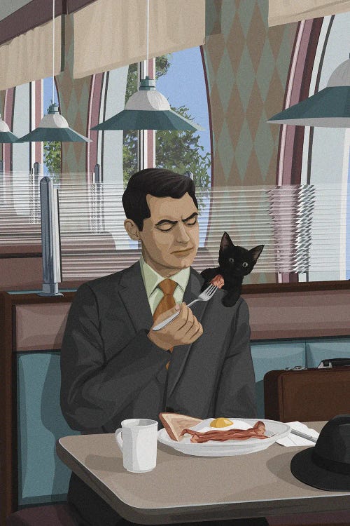 Illustration of a man in suit at a diner sharing his food with black cat on shoulder by Art Cat Illustrated