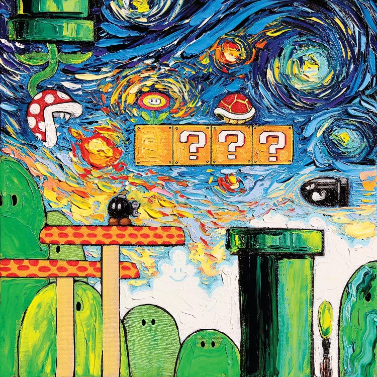 Painting of a Super Mario video game scene against Van Gogh’s Starry Night by iCanvas artist Aja Trier