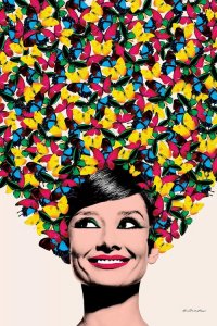 Smile art of Audrey Hepburn with colorful butterflies coming out of her head by iCanvas artist Ana Paula Hoppe