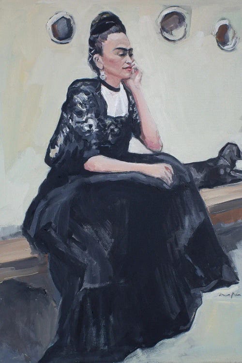 Painting of Frida Kahlo in black dress sitting on a bench next to black dog by new artist Arun Prem