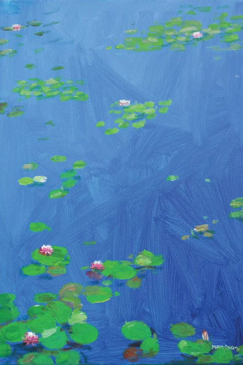 Painting of a blue pond with green lily pads and pink flowers by new iCanvas artist Arun Prem