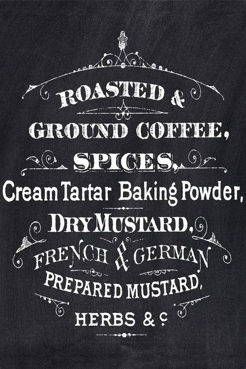 Black and white typography featuring coffee, food and condiments in vintage font by new artist Amelie Vintage Co