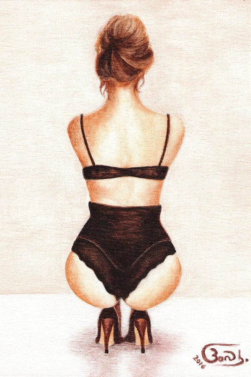 Wall art of the back of a woman kneeling in black lingerie and heels by new iCanvas creator Banu Beyza