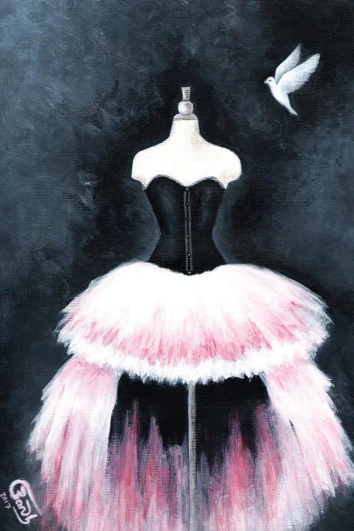 Wall art of a white bird above a dress on a mannequin featuring black corset and pink ballerina skirt by Banu Beyza