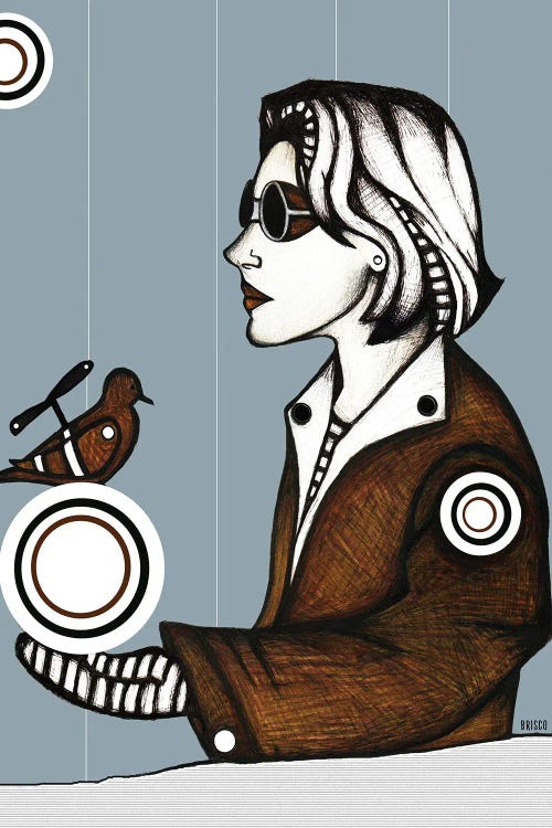 Profile portrait of Steampunk woman holding a bird on a circle by new iCanvas artist Bridgett Scott