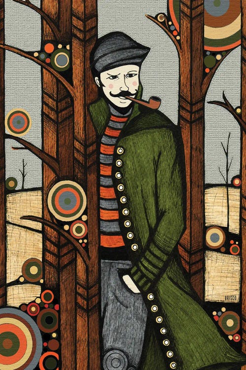 Wall art of a man smoking a pipe and wearing a long jacket in front of trees featuring circular shapes by Bridgett Scott