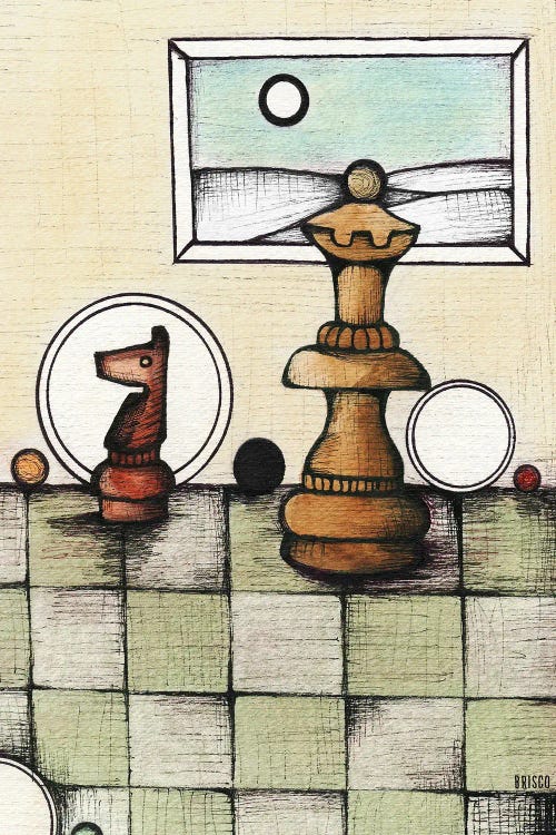 Wall art of an enlarged chess board and pawns in front of framed landscape by new iCanvas creator Bridgett Scott