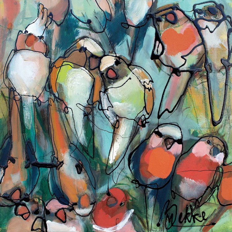 Painting of a flock of colorful parrots sitting on a limb by new iCanvas artist Marieke Bekke