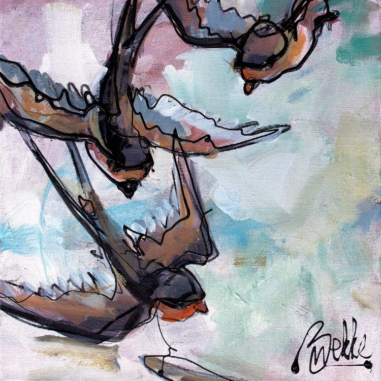 Painting of three swallows against a watercolor background by new iCanvas creator Marieke Bekke