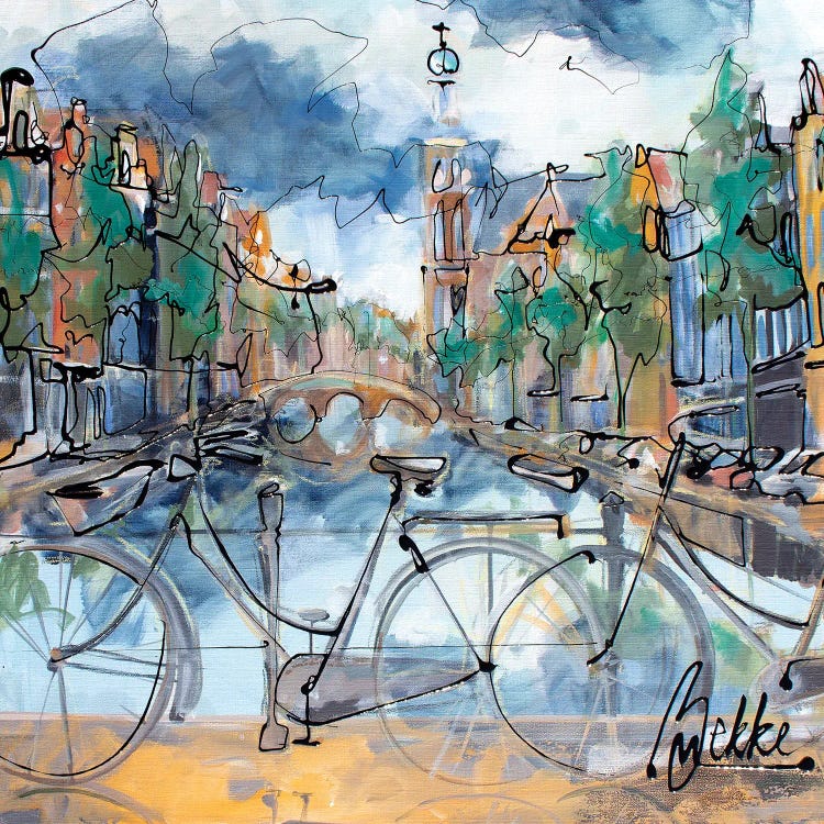 Painting of bikes beside a canal in Amsterdam by iCanvas artist Marieke Bekke