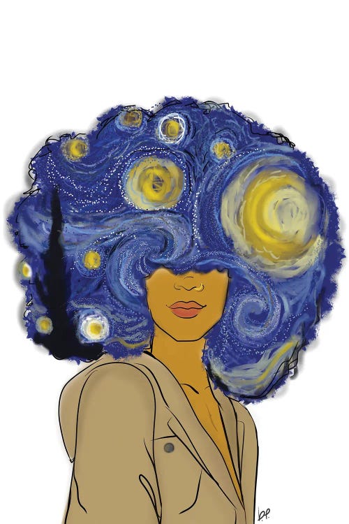 Illustration of a black woman with Starry Night in her afro by new iCanvas artist Bri Pippens