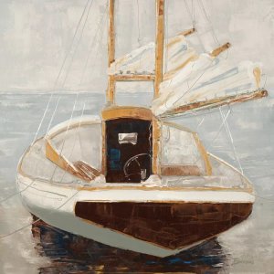 Soft boat art painting of a sailboat facing the ocean by iCanvas artist John Burrows