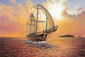 Boat art painting of a ship on the ocean in front of an orange, pink cloudy sunset by iCanvas artist ColorByFeliks