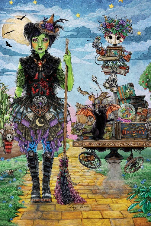 Wall art of a green wicked witch of the west with a broom and a cart of fantastical items by Cheryl Baker