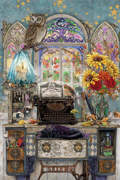 Fantastical wall art of a typewriter on a desk with a black cat in drawer and owl above by new artist Cheryl Baker