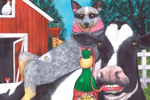 Wine art of blue heeler dog and cow drinking wine on the farm by iCanvas artist Catherine G McElroy