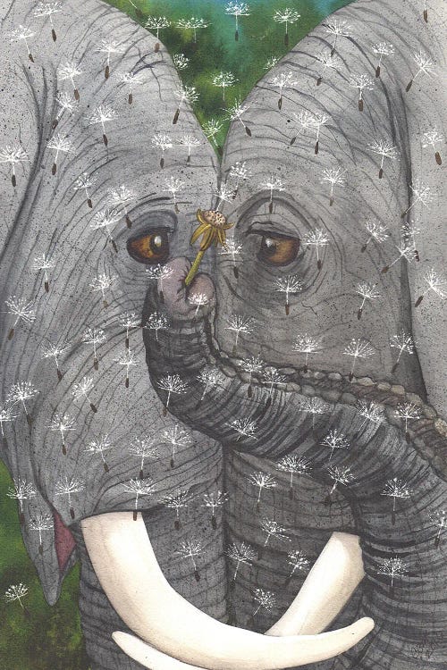 Wall art of two elephants pushing their heads together with dandelion fuzz surrounding them by Catherine G McElroy
