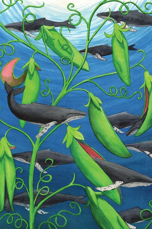 Wall art of a pod of whales and green pea pods in the ocean by new iCanvas artist Catherine G McElroy