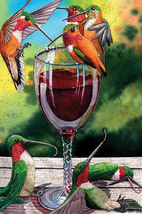 Wall art of a group of hummingbirds getting drunk off red wine by new creator Catherine G McElroy
