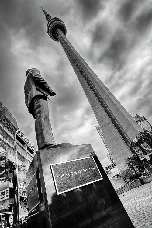 Black and white photo of the statue and tower at Rogers Stadium by new iCanvas creator Colin Kemp Photography