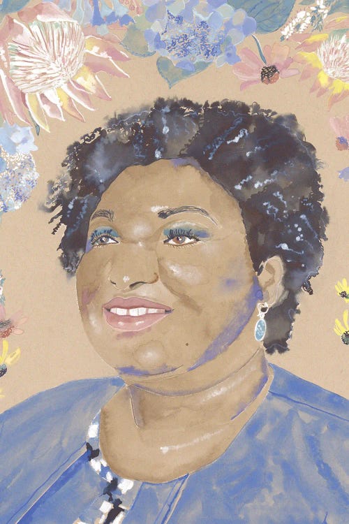 Light blue and pink wall art of Stacey Abrams below flowers by new iCanvas creator Claire Wilson