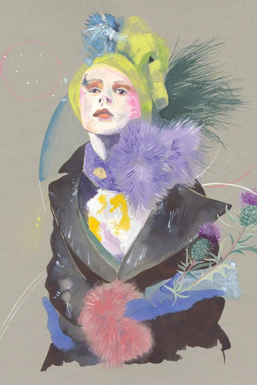 Painting of a stylish woman wearing black jacket and pink, purple, green and blue accessories by Claire Wilson