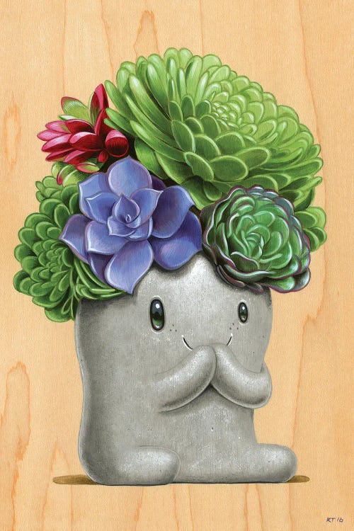 Illustration of a succulent creature smiling by new iCanvas artist Cuddly Rigor Mortis