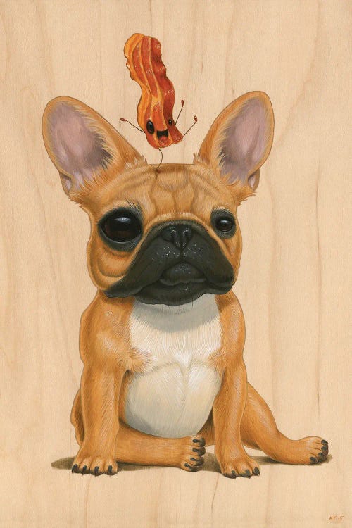 Illustration of brown French bulldog with bacon dancing on its head by iCanvas artist Cuddly Rigor Mortis
