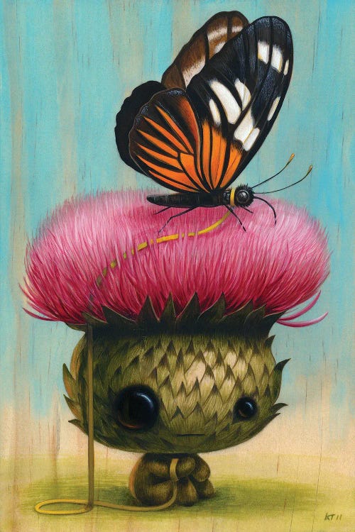 Illustration of a prickly creature with pink flower hair and butterfly on top by new iCanvas creator Cuddly Rigor Mortis